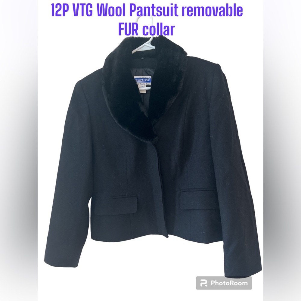 Pendleton Black  100% Virgin Wool lined Blazer Suit Removable Fur Neck 12P VTG